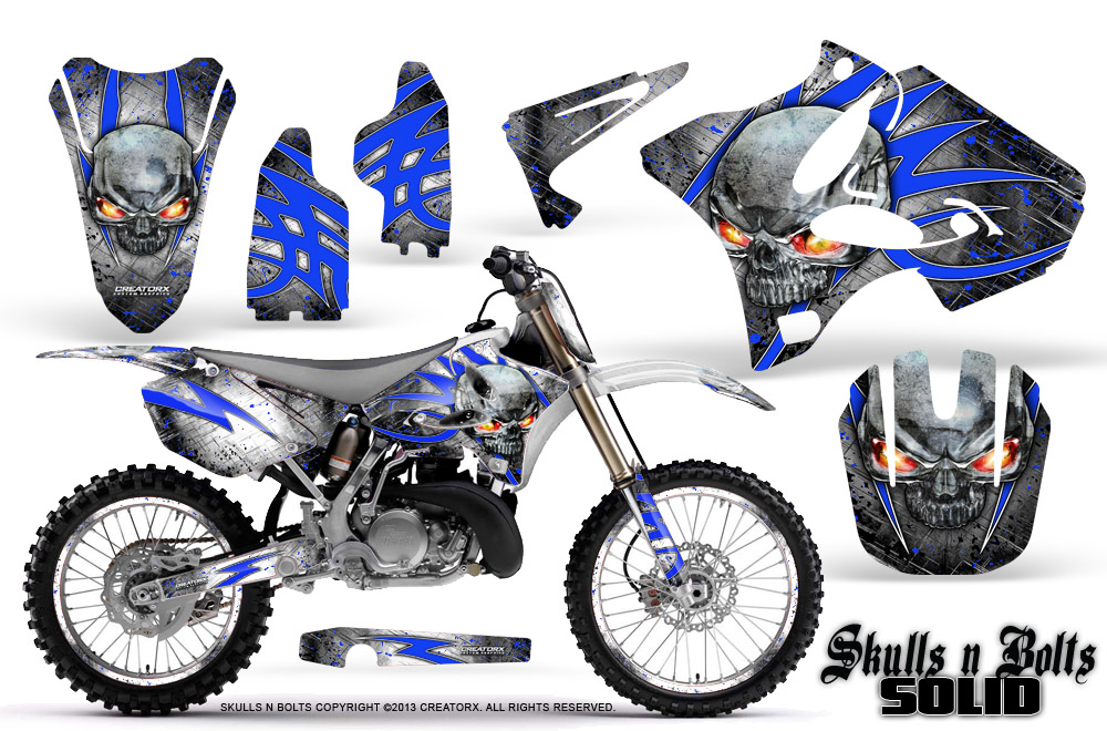 Yamaha YZ125-YZ250 02-12 Graphics Kit Skulls n Bolts Solid Blue White NP Rims